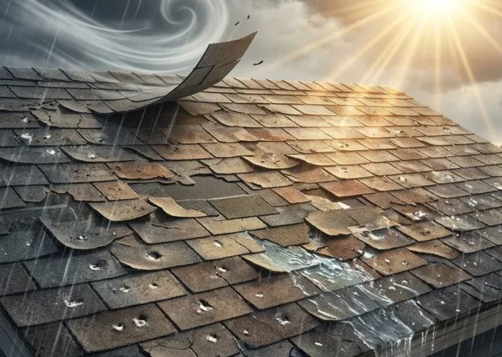Weather damaged shingle roof with rain and hail impact.